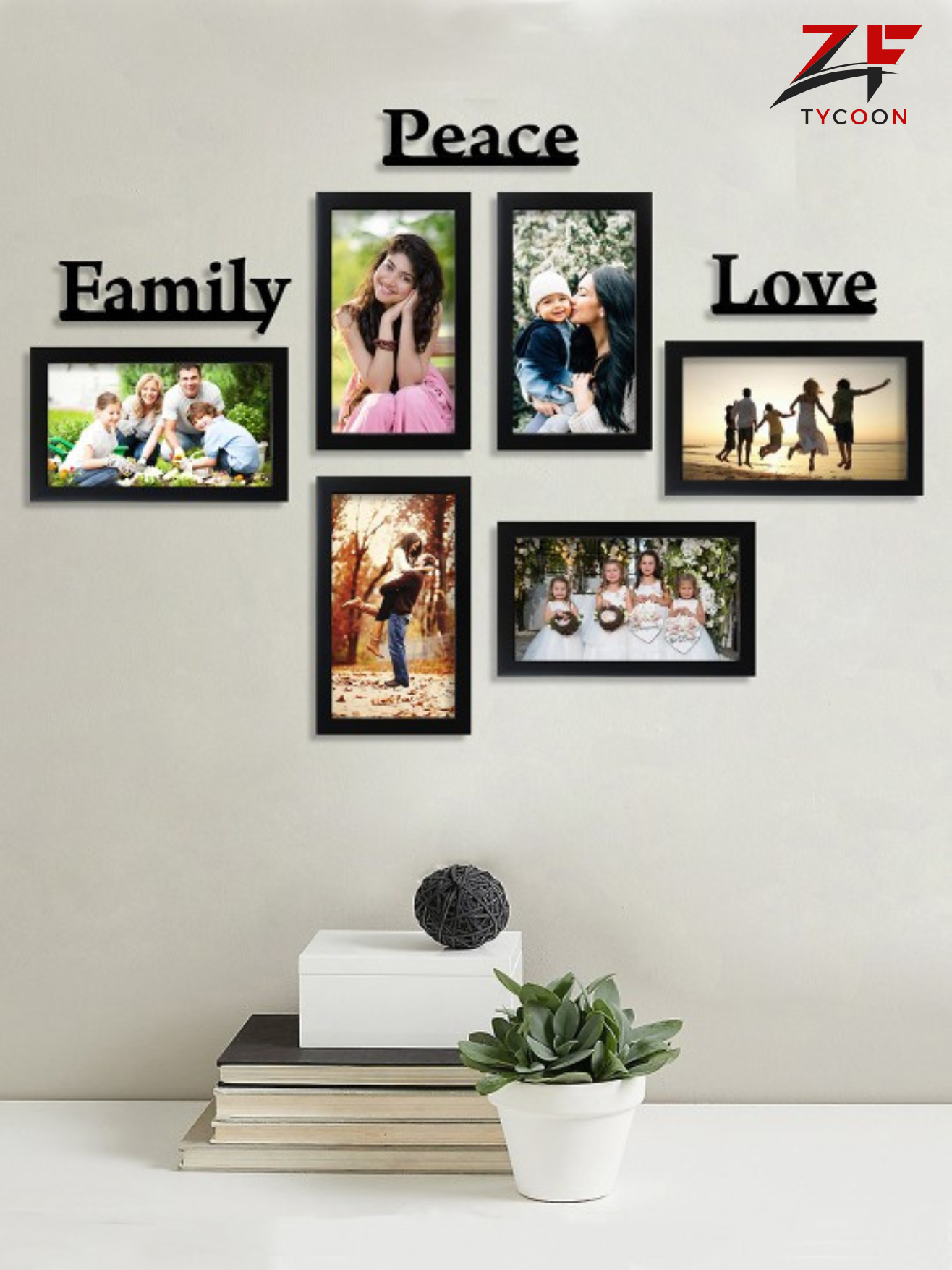 ZF Set of 6 Black Solid Eco Series Photo Frames with Family MDF