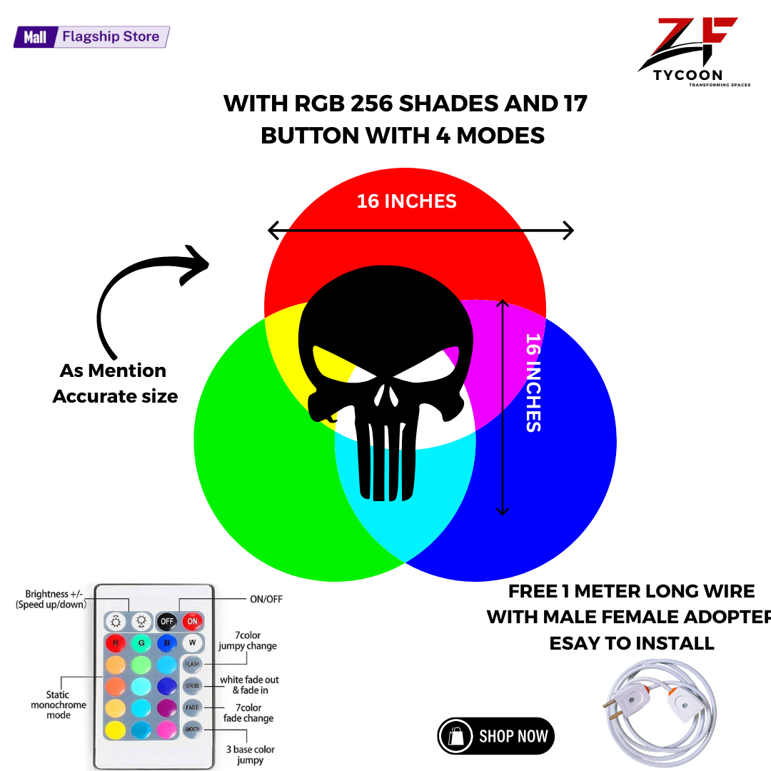 ZF Punisher Led Sign - Punisher Skull 3D LED Wall Lamp Led Light - Decor 7mm Thickness wood imported SheetPunisher Light Wall Decor - Gifts For Her - Christmas Gift