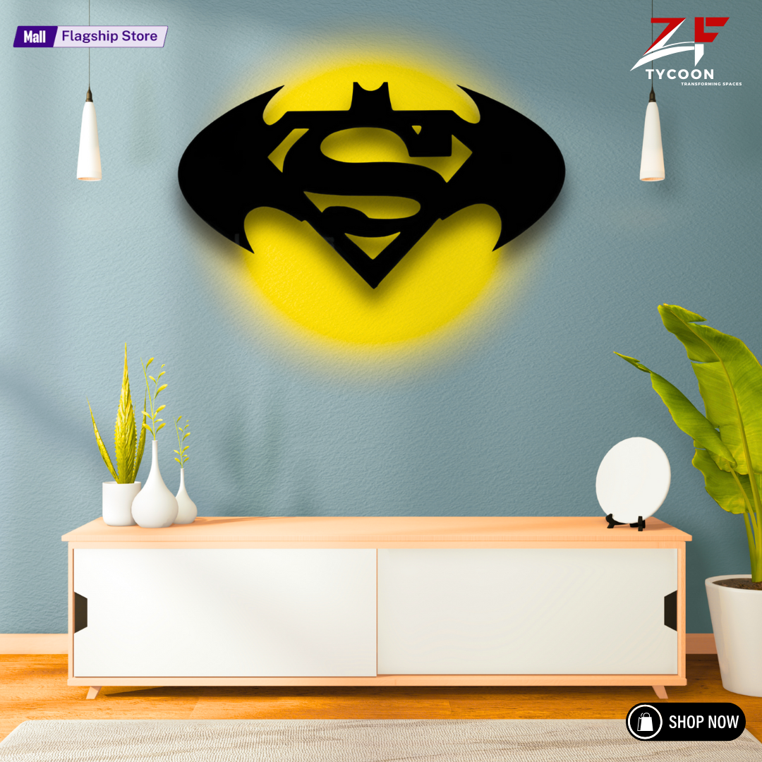 ZF Wooden SuperMan & Batman Combo LED Wall Lamp, Comic Lover, Bat Cave, Night Lamp, for Gift, Kids Room, Gaming Setup, Gaming Room, Man Cave,Led Lamp,Trendy Decore