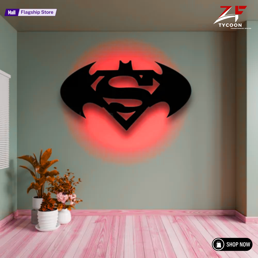 ZF Wooden SuperMan & Batman Combo LED Wall Lamp, Comic Lover, Bat Cave, Night Lamp, for Gift, Kids Room, Gaming Setup, Gaming Room, Man Cave,Led Lamp,Trendy Decore