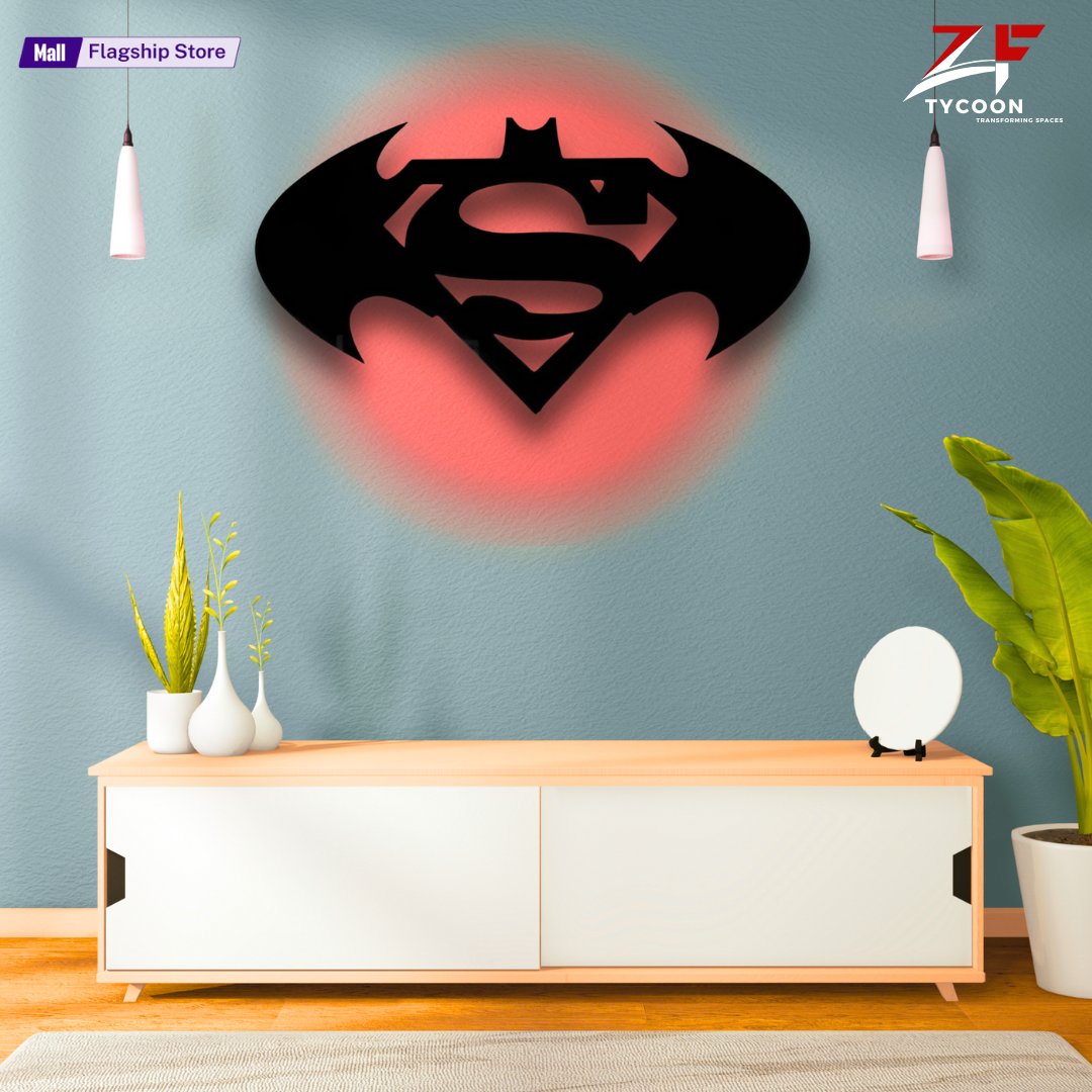 ZF Wooden SuperMan & Batman Combo LED Wall Lamp, Comic Lover, Bat Cave, Night Lamp, for Gift, Kids Room, Gaming Setup, Gaming Room, Man Cave,Led Lamp,Trendy Decore