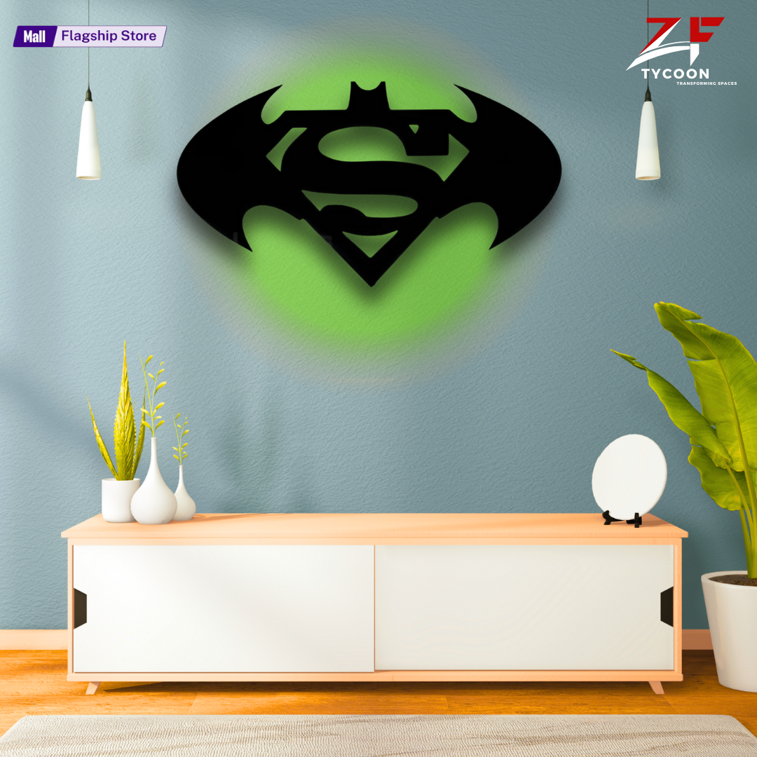 ZF Wooden SuperMan & Batman Combo LED Wall Lamp, Comic Lover, Bat Cave, Night Lamp, for Gift, Kids Room, Gaming Setup, Gaming Room, Man Cave,Led Lamp,Trendy Decore