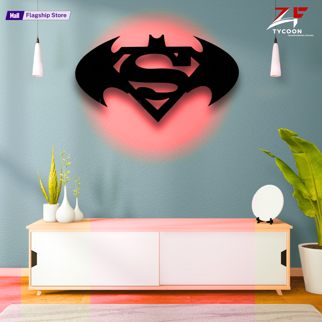 ZF Wooden SuperMan & Batman Combo LED Wall Lamp, Comic Lover, Bat Cave, Night Lamp, for Gift, Kids Room, Gaming Setup, Gaming Room, Man Cave,Led Lamp,Trendy Decore