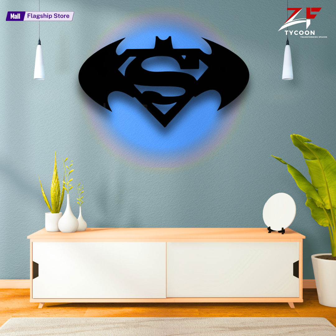 ZF Wooden SuperMan & Batman Combo LED Wall Lamp, Comic Lover, Bat Cave, Night Lamp, for Gift, Kids Room, Gaming Setup, Gaming Room, Man Cave,Led Lamp,Trendy Decore