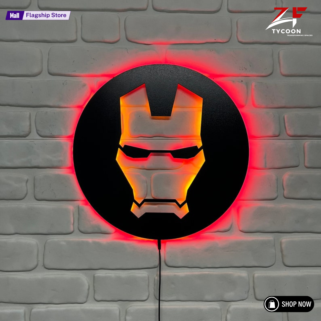 ZF Custom Iron Man Wooden 7mm Thickness Imported Sheet LED Wall Light, Superhero-Inspired Red Glow Mask Decor for Fans
