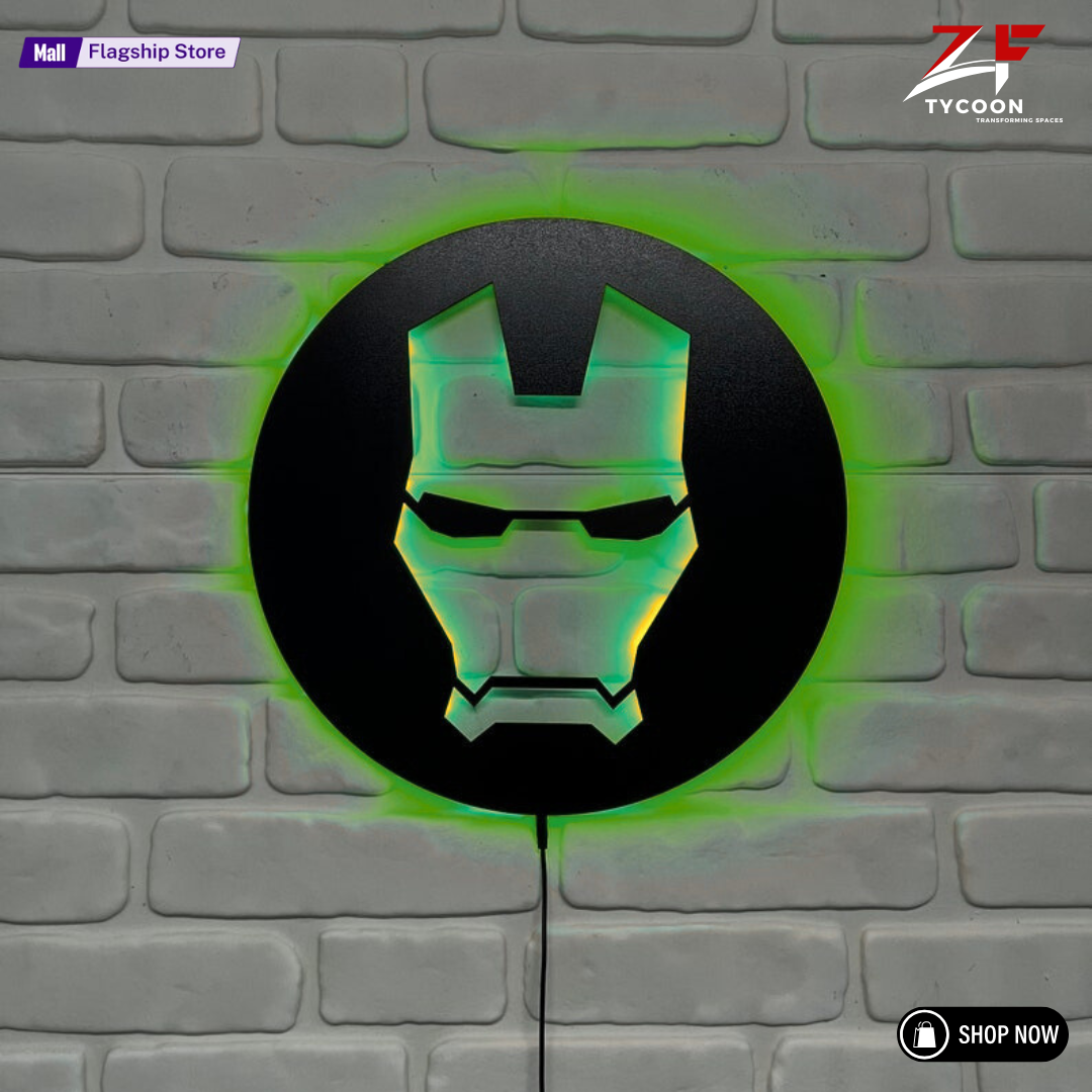 ZF Custom Iron Man Wooden 7mm Thickness Imported Sheet LED Wall Light, Superhero-Inspired Red Glow Mask Decor for Fans