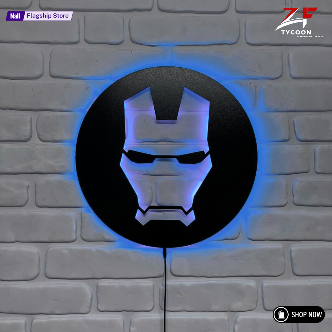 ZF Custom Iron Man Wooden 7mm Thickness Imported Sheet LED Wall Light, Superhero-Inspired Red Glow Mask Decor for Fans