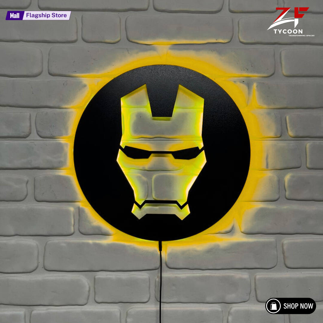 ZF Custom Iron Man Wooden 7mm Thickness Imported Sheet LED Wall Light, Superhero-Inspired Red Glow Mask Decor for Fans