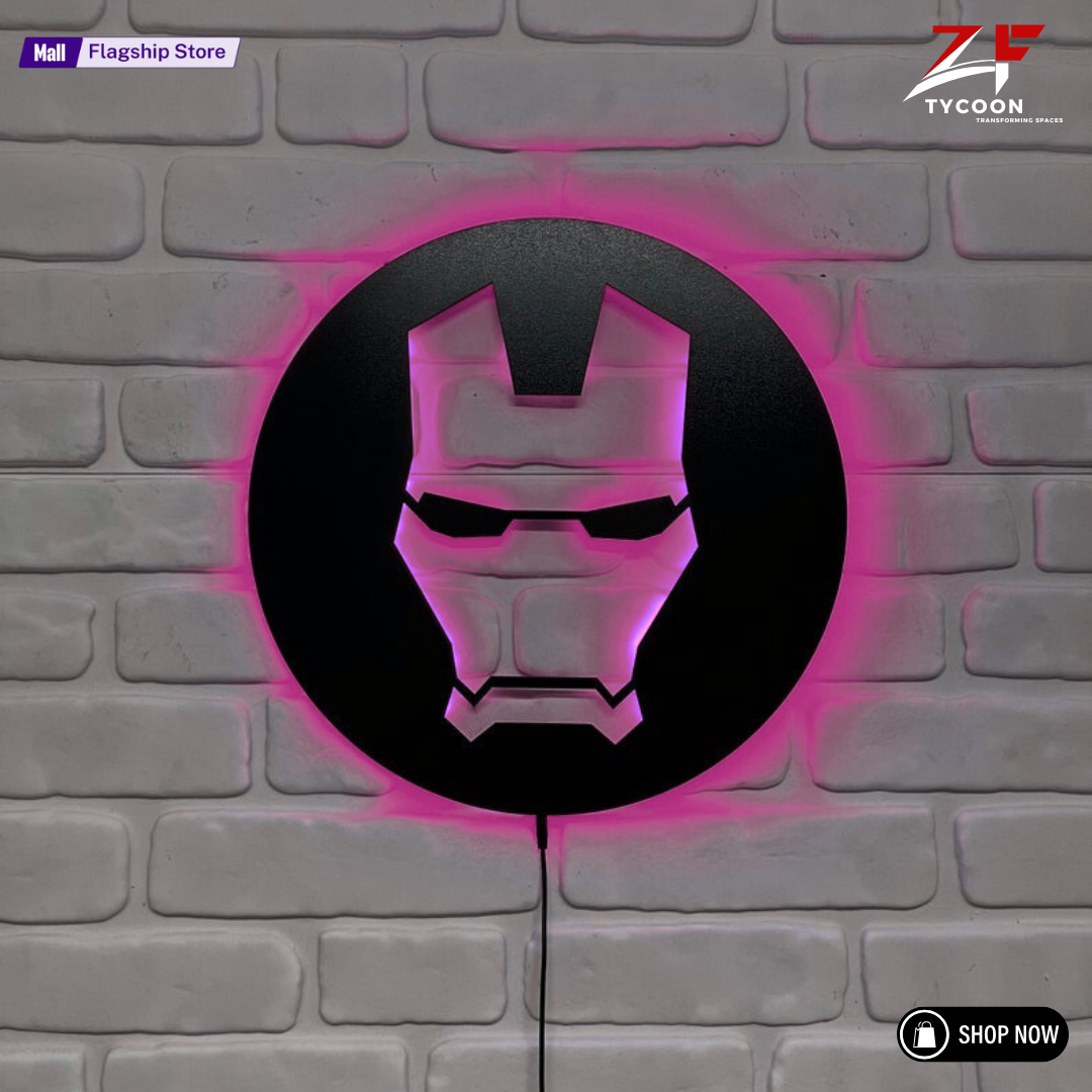 ZF Custom Iron Man Wooden 7mm Thickness Imported Sheet LED Wall Light, Superhero-Inspired Red Glow Mask Decor for Fans