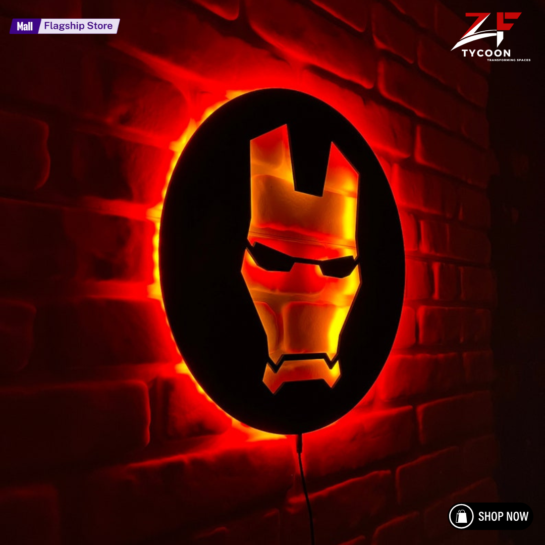 ZF Custom Iron Man Wooden 7mm Thickness Imported Sheet LED Wall Light, Superhero-Inspired Red Glow Mask Decor for Fans