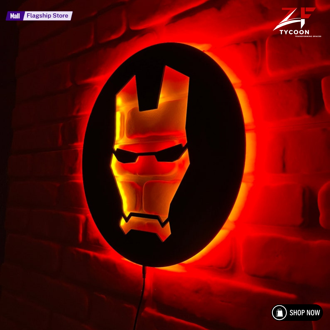 ZF Custom Iron Man Wooden 7mm Thickness Imported Sheet LED Wall Light, Superhero-Inspired Red Glow Mask Decor for Fans