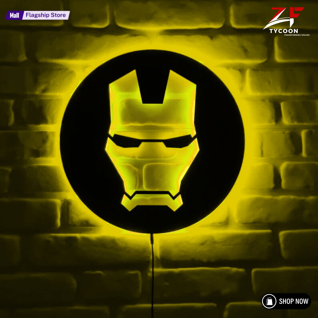 ZF Custom Iron Man Wooden 7mm Thickness Imported Sheet LED Wall Light, Superhero-Inspired Red Glow Mask Decor for Fans