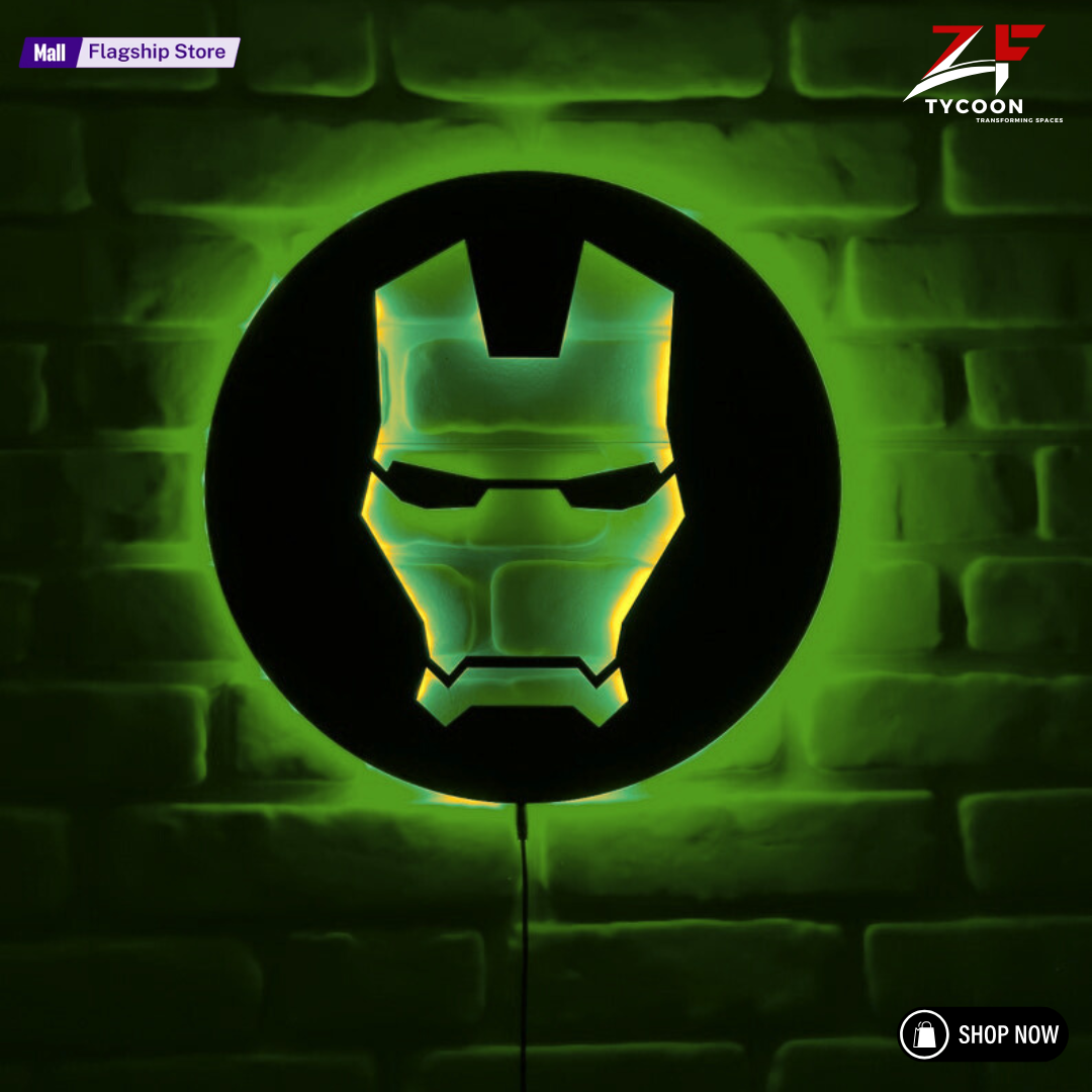 ZF Custom Iron Man Wooden 7mm Thickness Imported Sheet LED Wall Light, Superhero-Inspired Red Glow Mask Decor for Fans