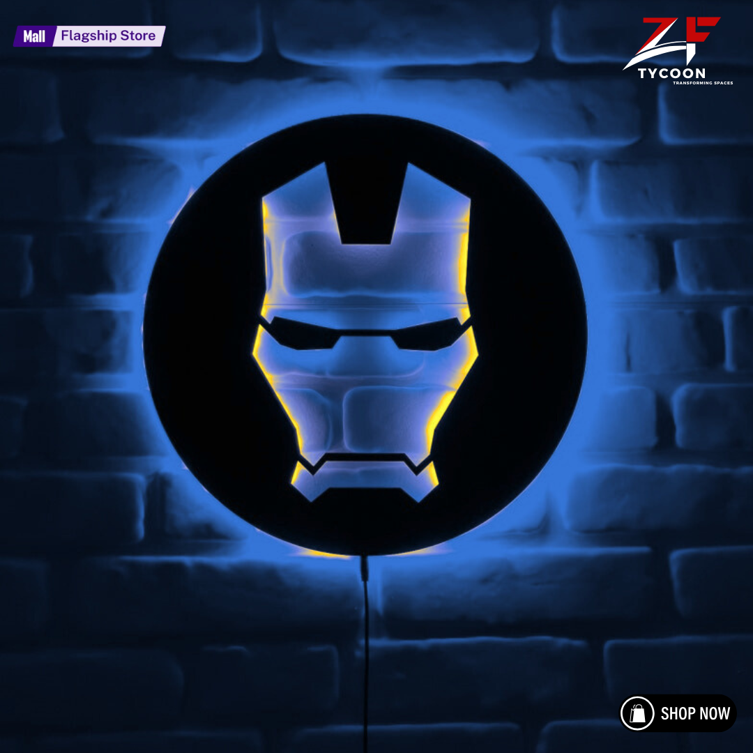 ZF Custom Iron Man Wooden 7mm Thickness Imported Sheet LED Wall Light, Superhero-Inspired Red Glow Mask Decor for Fans