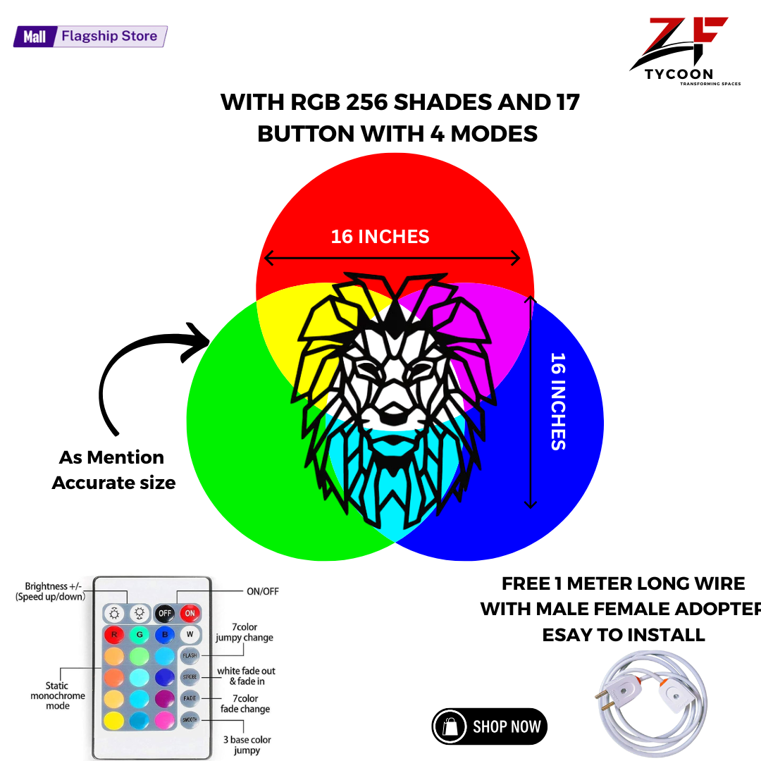 ZF King Lion Roar Wall Art With Rgb Led Light, King Lion Wooden 7mm thickness Imported ZRK Sheet Room Decor, King Lion Neon Sign, King Lion Wall Art, King Lion Home Wall Art