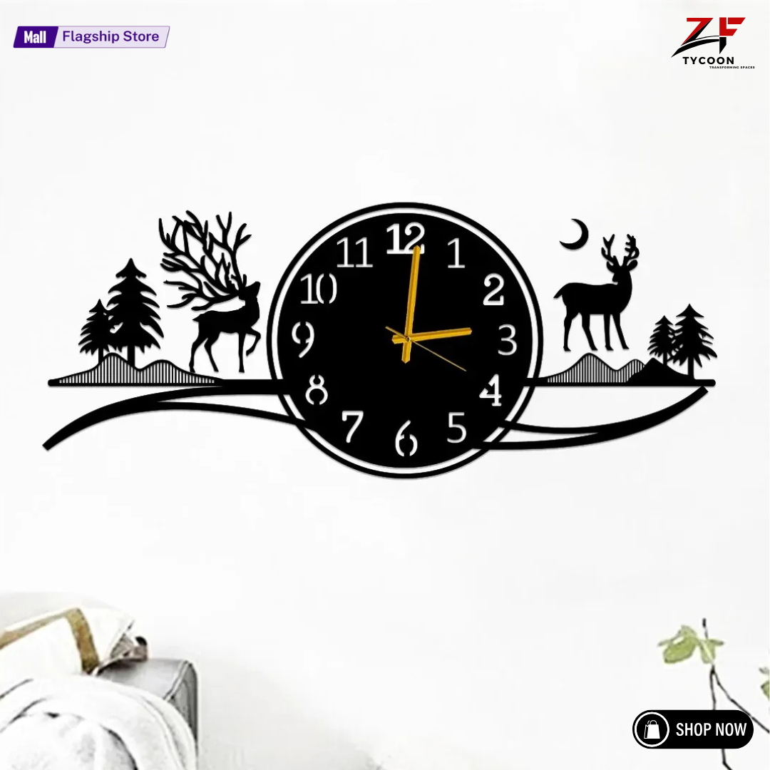 ZF Pine Tree With Deer Wall Clock Wall I Clock For Rooms I Clocks I Clock For Office