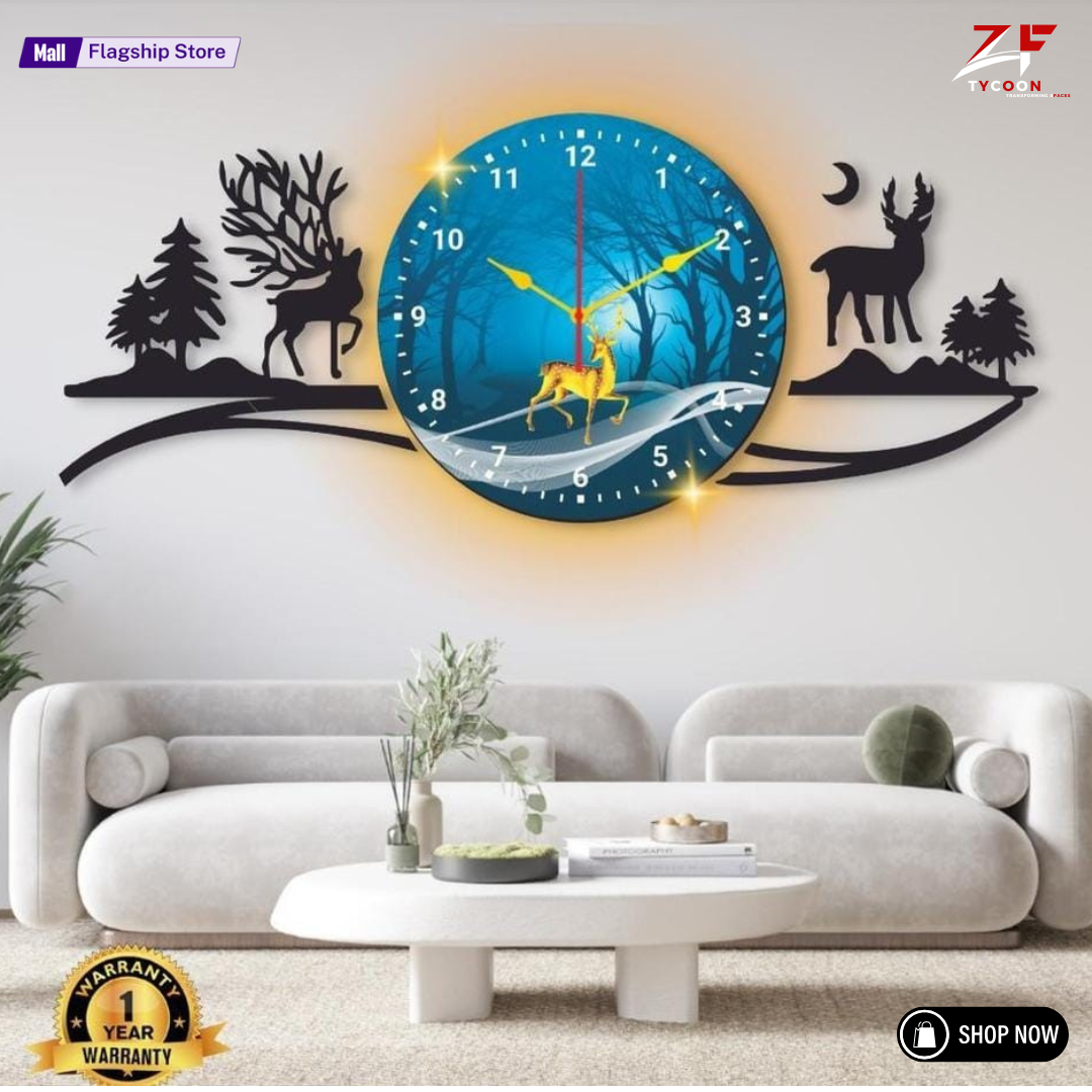 ZF Pine Tree With Deer Wall Clock Wall I Clock For Rooms I Clocks I Clock For Office
