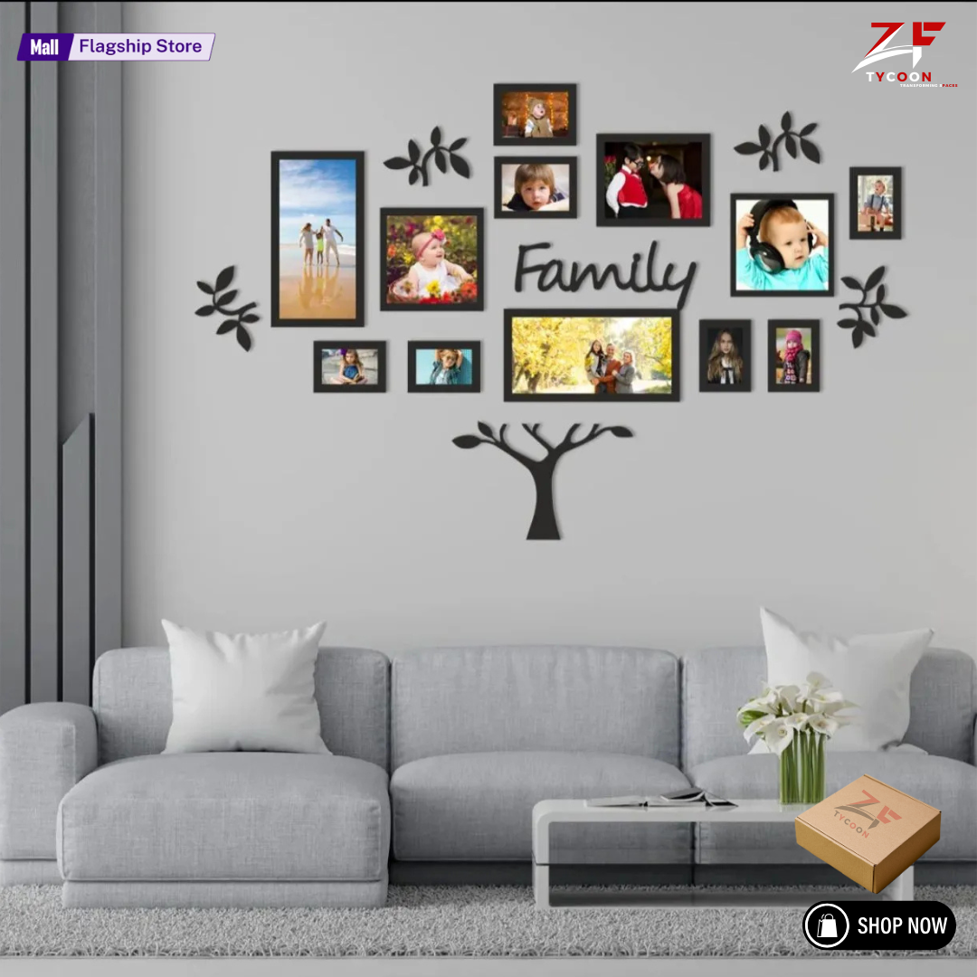ZF 3D Wooden Wall Family Tree With Picture Large Size 10-12 Frames, Wooden Family Tree Photos Frame, Modern Ghar Ka decor