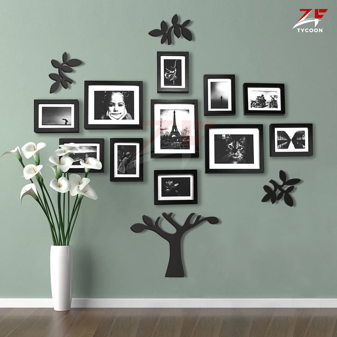 ZF 3D Wooden Wall Decor Tree With Picture Large Size 12 Frames, Wooden Family Tree Photos Frame, Modern