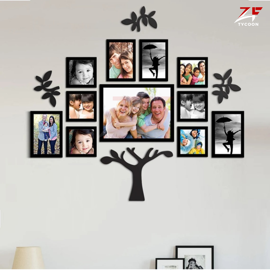 ZF 3D Wooden Wall Decor Tree With Picture Large Size 12 Frames, Wooden Family Tree Photos Frame, Modern